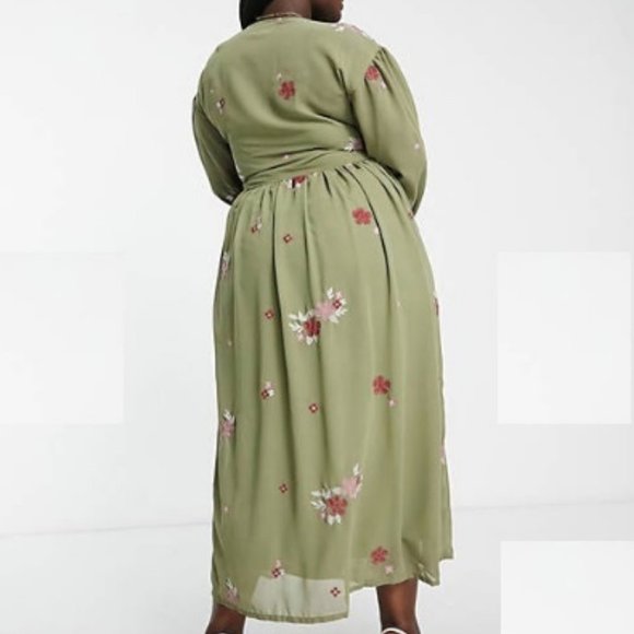 ASOS DESIGN Khaki Curve Soft All Over Embroidered Maxi Dress Size 22 - Picture 13 of 13
